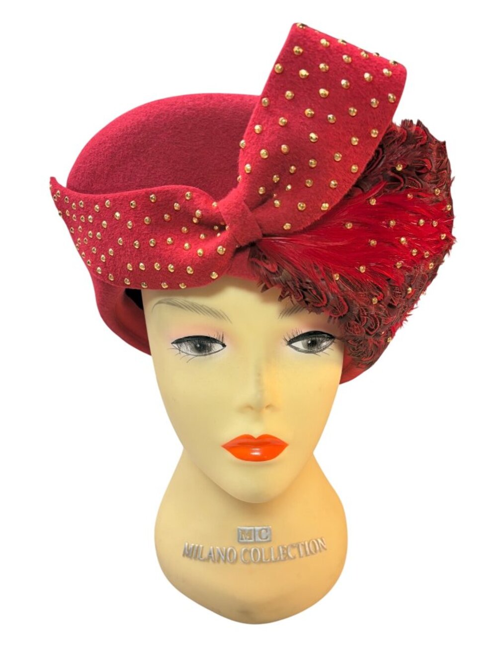 Vintage Mr. John Classic Red Feather Accent Mid Century Gold Stud Hat Church